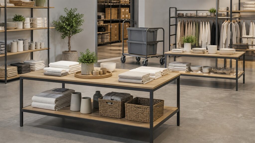 retail showroom with nested display tables, neatly arranged neutral products, measuring tape, floor-plan cards without text, and wide aisle clearance for a retail operations buying decision