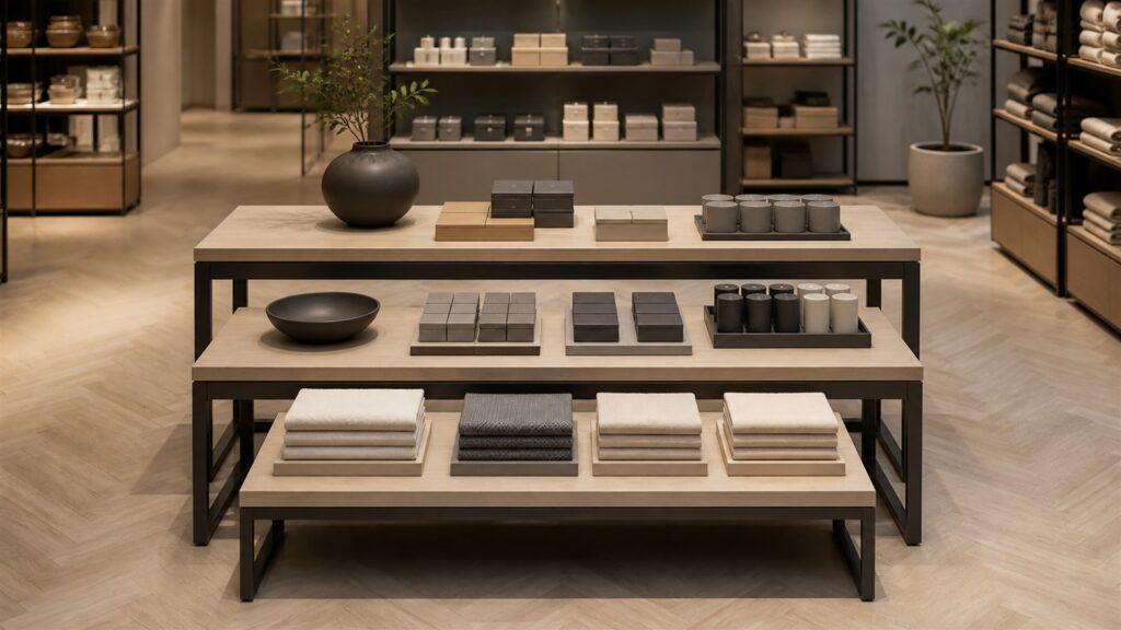 retail showroom with nested display tables, neatly arranged neutral products, measuring tape, floor-plan cards without text, and wide aisle clearance for a accuracy buying decision