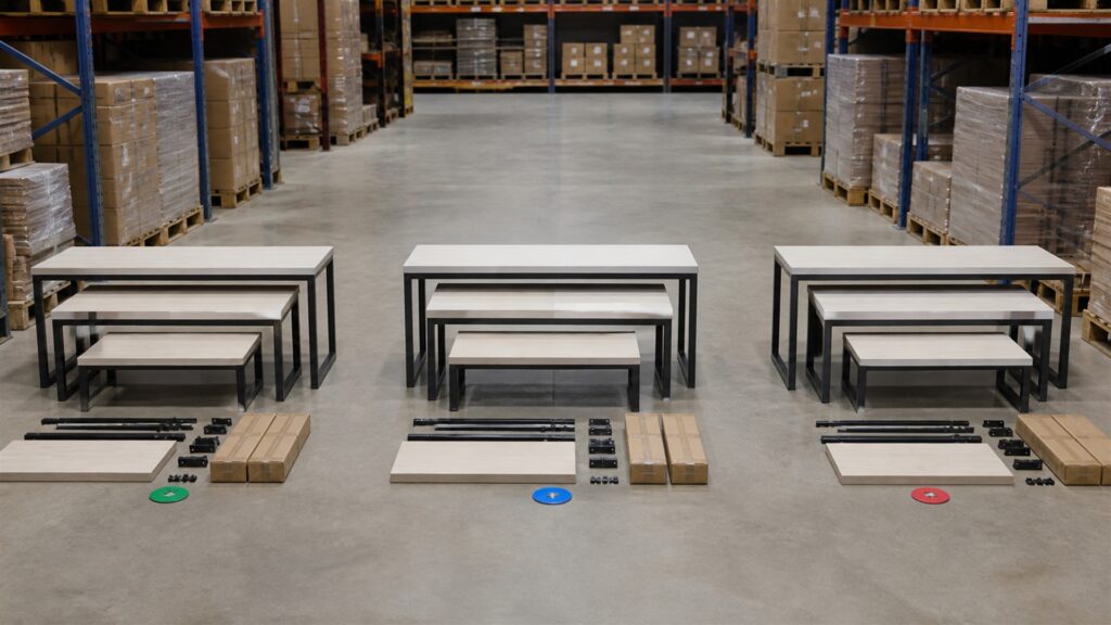 retail showroom with nested display tables, neatly arranged neutral products, measuring tape, floor-plan cards without text, and wide aisle clearance for a multi-location deployment buying decision