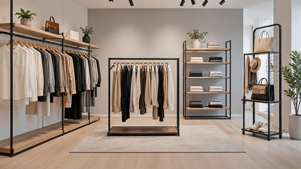 clothing store setup area with garment rails, folded neutral apparel, modular wall fixtures, empty hangers, and an aisle measuring tool for a general selection buying decision