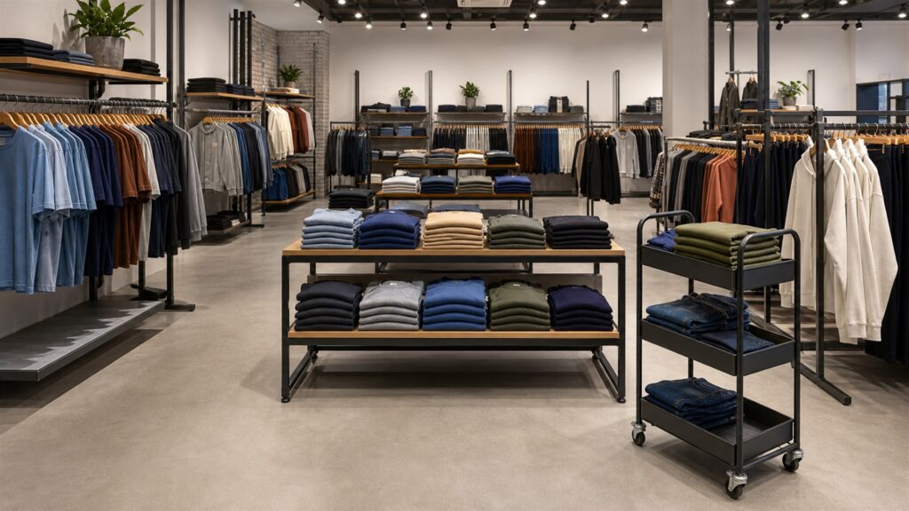 clothing store setup area with garment rails, folded neutral apparel, modular wall fixtures, empty hangers, and an aisle measuring tool for a volume and throughput buying decision