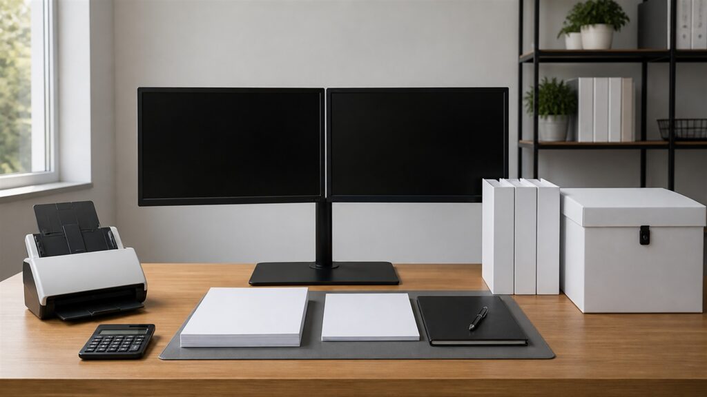 unbranded bookkeeping automation desk with powered-off monitor, document scanner, calculator, blank receipts, colored blank workflow cards, and plain folders for a compliance reporting buying decision