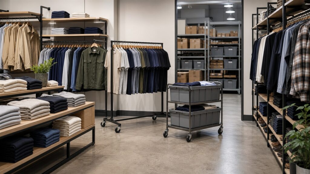 clothing store setup area with garment rails, folded neutral apparel, modular wall fixtures, empty hangers, and an aisle measuring tool for a retail operations buying decision