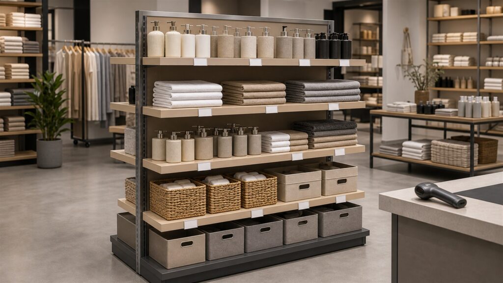 retail showroom with freestanding merchandise racks, empty shelves, folded neutral goods, aisle clearance markers without text, and a stock cart for a accuracy buying decision