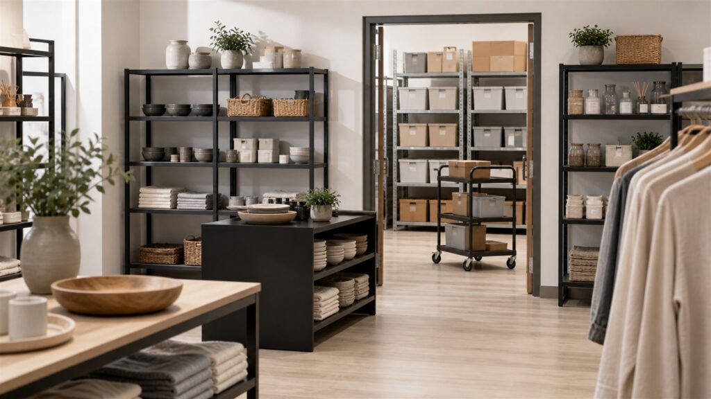 bright retail aisle with modular display shelving, neutral folded merchandise, adjustable shelves, storage bins, and clear customer pathways for a retail operations buying decision