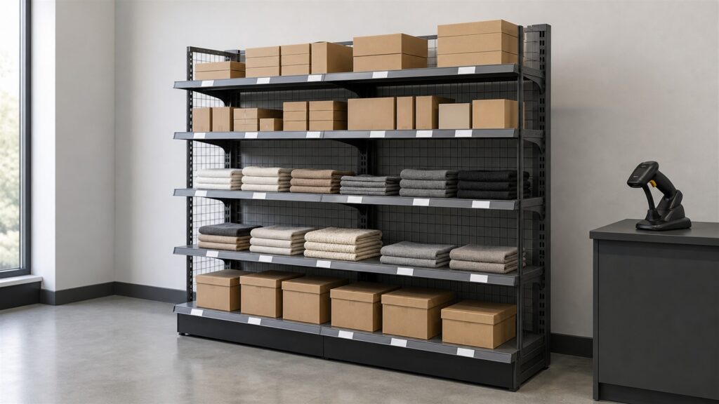 bright retail aisle with modular display shelving, neutral folded merchandise, adjustable shelves, storage bins, and clear customer pathways for a accuracy buying decision