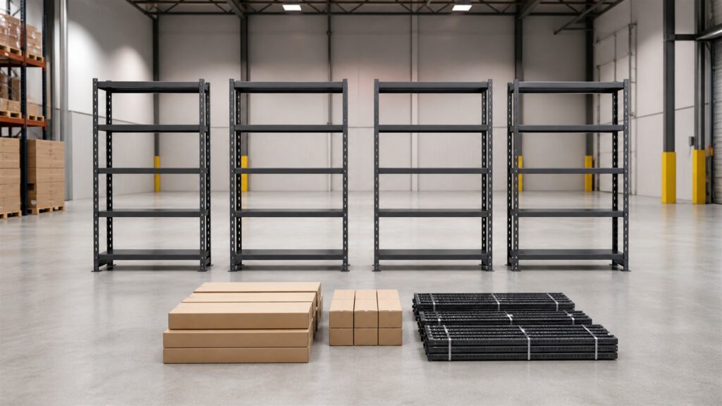 bright retail aisle with modular display shelving, neutral folded merchandise, adjustable shelves, storage bins, and clear customer pathways for a multi-location deployment buying decision