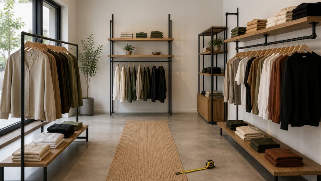 clothing store setup area with garment rails, folded neutral apparel, modular wall fixtures, empty hangers, and an aisle measuring tool for a space and setup buying decision