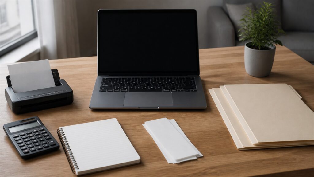unbranded bookkeeping automation desk with powered-off monitor, document scanner, calculator, blank receipts, colored blank workflow cards, and plain folders for a independent-worker workflows buying decision