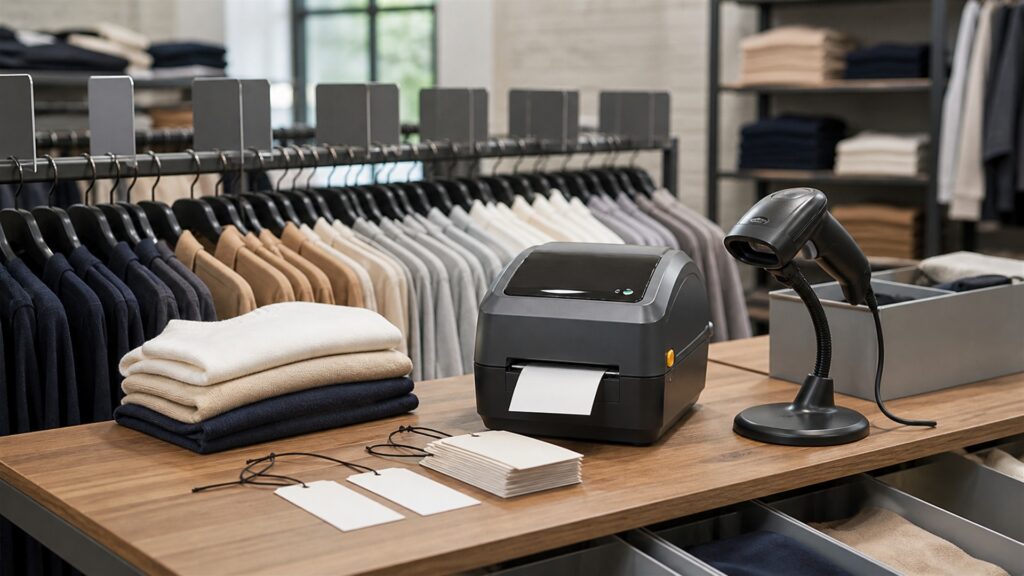 clothing store setup area with garment rails, folded neutral apparel, modular wall fixtures, empty hangers, and an aisle measuring tool for a merchandising accuracy buying decision