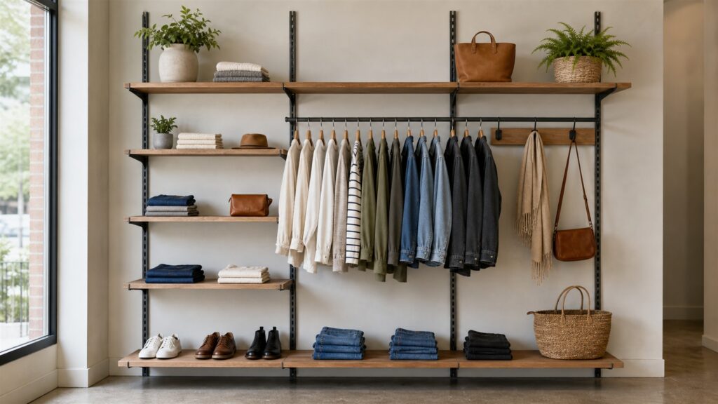 finished retail wall with modular rails, adjustable shelves, garment bars, accessory hooks, neutral merchandise, level, and clear aisle for a general selection buying decision