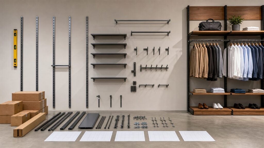 finished retail wall with modular rails, adjustable shelves, garment bars, accessory hooks, neutral merchandise, level, and clear aisle for a store-fixture workflow buying decision