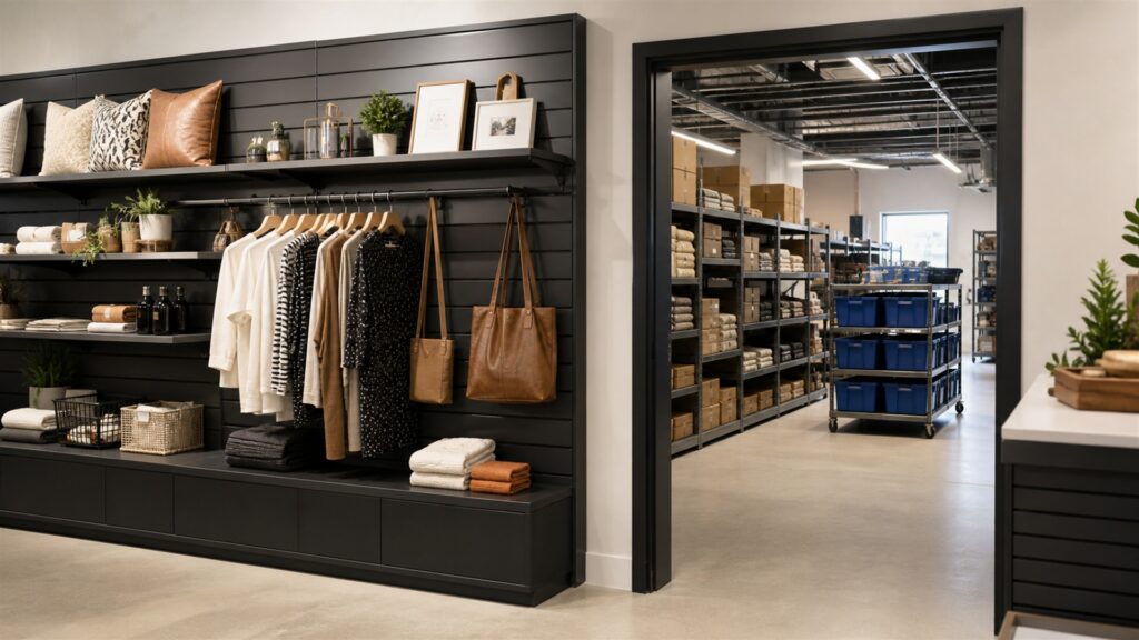 finished retail wall with modular rails, adjustable shelves, garment bars, accessory hooks, neutral merchandise, level, and clear aisle for a retail operations buying decision