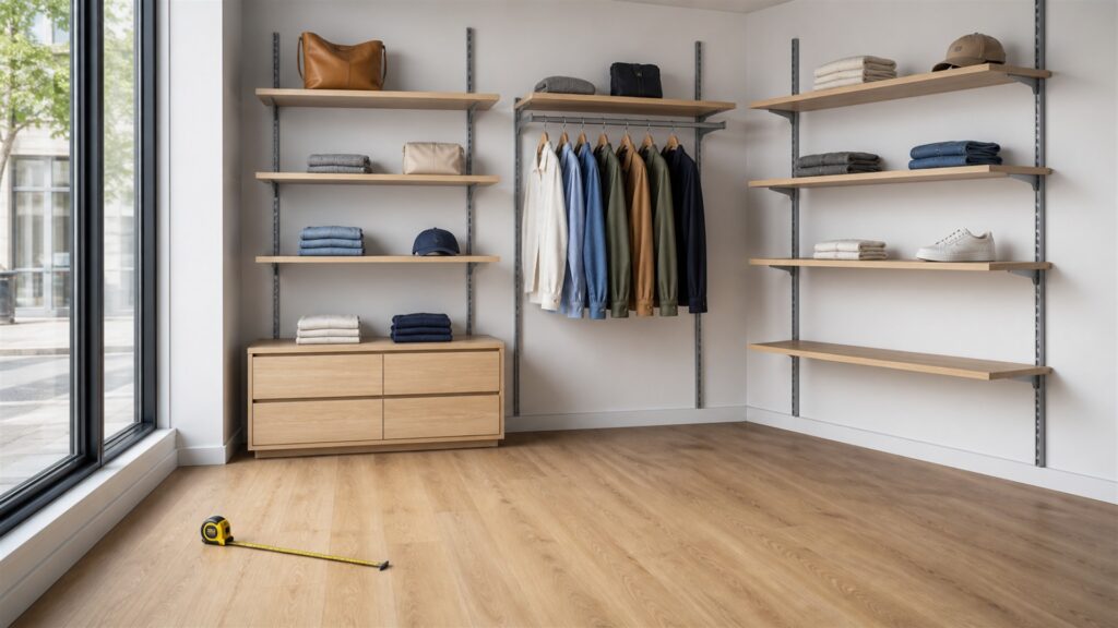 finished retail wall with modular rails, adjustable shelves, garment bars, accessory hooks, neutral merchandise, level, and clear aisle for a space and setup buying decision