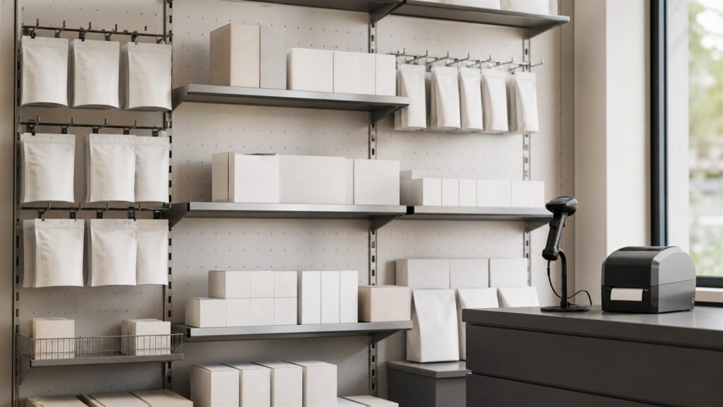 finished retail wall with modular rails, adjustable shelves, garment bars, accessory hooks, neutral merchandise, level, and clear aisle for a merchandising accuracy buying decision