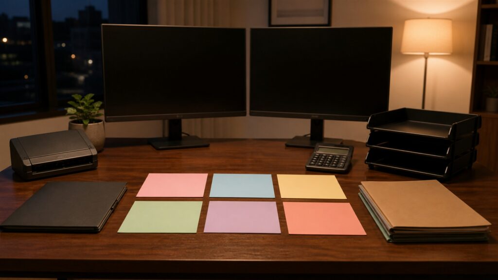 unbranded bookkeeping automation desk with powered-off monitor, document scanner, calculator, blank receipts, colored blank workflow cards, and plain folders for a year-end close planning buying decision