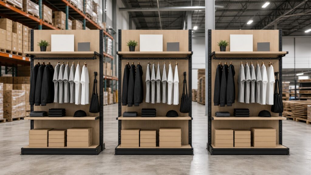 finished retail wall with modular rails, adjustable shelves, garment bars, accessory hooks, neutral merchandise, level, and clear aisle for a multi-location deployment buying decision