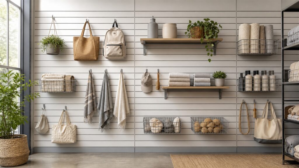 retail slatwall installation with realistic grooved panels, hooks, shelves, baskets, neutral merchandise, level, and organized spare fittings for a general selection buying decision