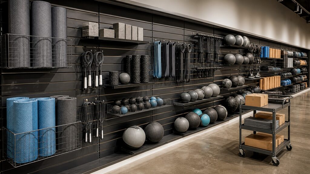 retail slatwall installation with realistic grooved panels, hooks, shelves, baskets, neutral merchandise, level, and organized spare fittings for a volume and throughput buying decision