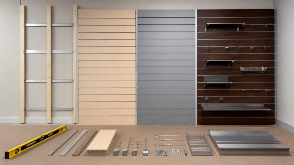 retail slatwall installation with realistic grooved panels, hooks, shelves, baskets, neutral merchandise, level, and organized spare fittings for a store-fixture workflow buying decision