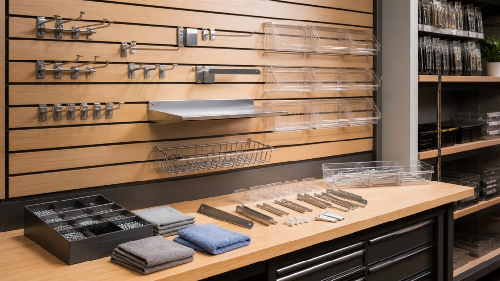 retail slatwall installation with realistic grooved panels, hooks, shelves, baskets, neutral merchandise, level, and organized spare fittings for a maintenance costs buying decision