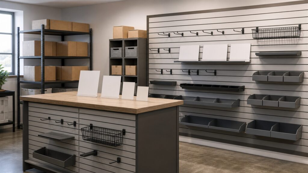 retail slatwall installation with realistic grooved panels, hooks, shelves, baskets, neutral merchandise, level, and organized spare fittings for a daily use buying decision