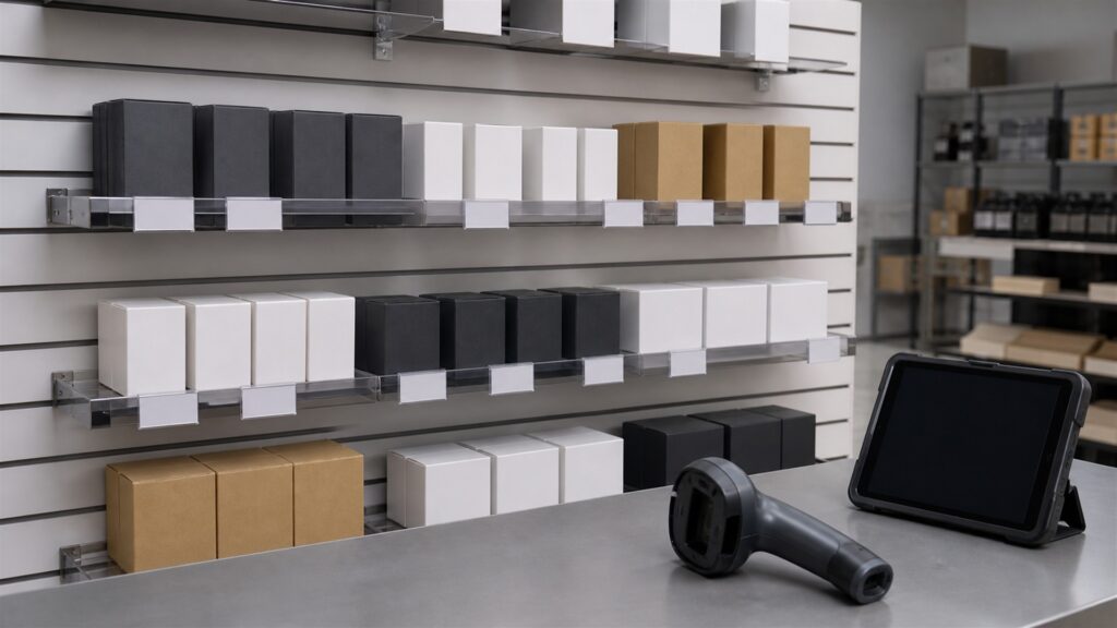 retail slatwall installation with realistic grooved panels, hooks, shelves, baskets, neutral merchandise, level, and organized spare fittings for a merchandising accuracy buying decision