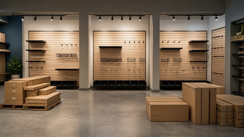 retail slatwall installation with realistic grooved panels, hooks, shelves, baskets, neutral merchandise, level, and organized spare fittings for a multi-location deployment buying decision