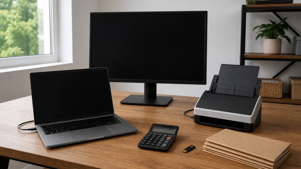 online bookkeeping desk with powered-off laptop and monitor, compact scanner, calculator, blank receipts, plain folders, security key, and tidy remote-work equipment for a general selection buying decision