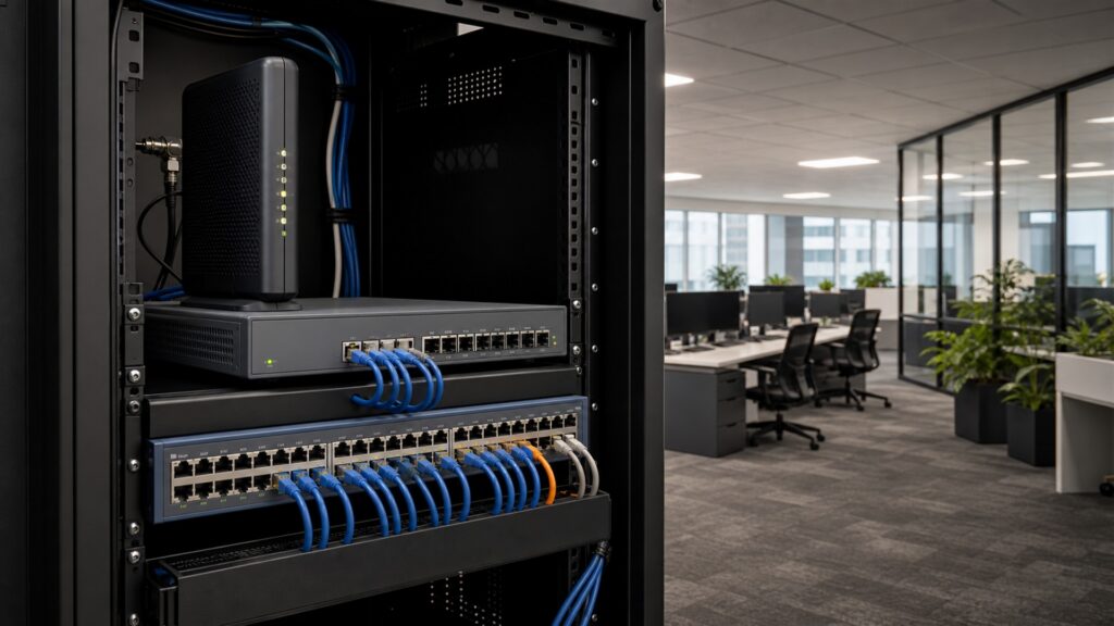 small business network room with a realistic unbranded cable modem, firewall, router, coax demarcation, patch panel, UPS, and neatly managed cables for a bandwidth planning buying decision