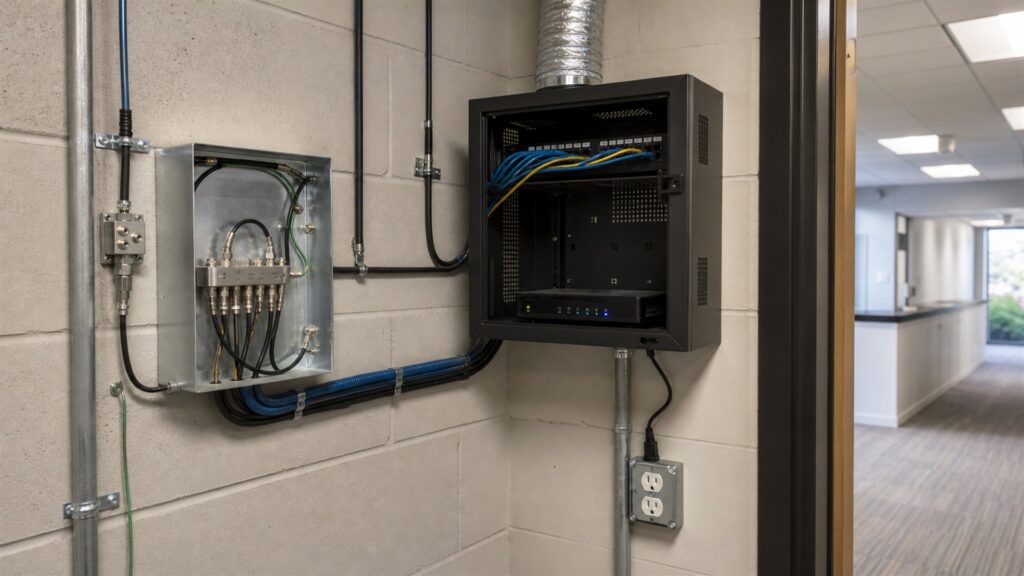 small business network room with a realistic unbranded cable modem, firewall, router, coax demarcation, patch panel, UPS, and neatly managed cables for a service deployment buying decision