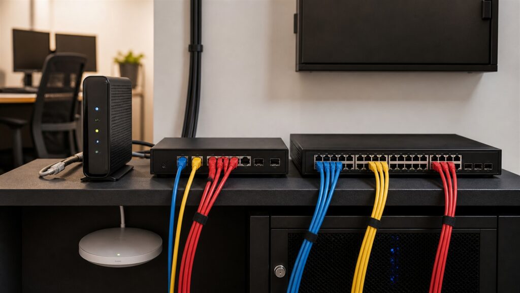 small business network room with a realistic unbranded cable modem, firewall, router, coax demarcation, patch panel, UPS, and neatly managed cables for a remote and guest access buying decision