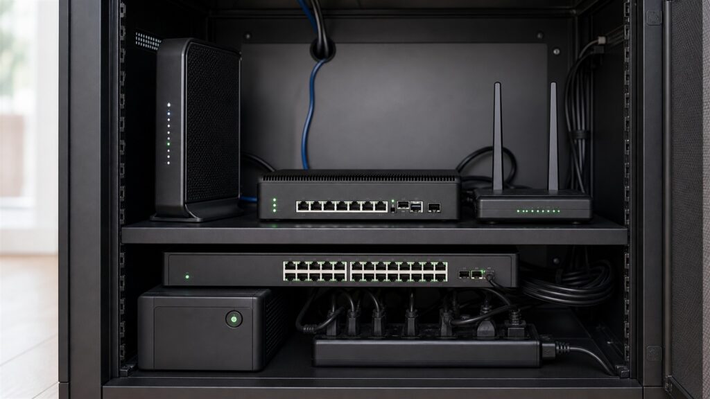 small business network room with a realistic unbranded cable modem, firewall, router, coax demarcation, patch panel, UPS, and neatly managed cables for a security and uptime buying decision