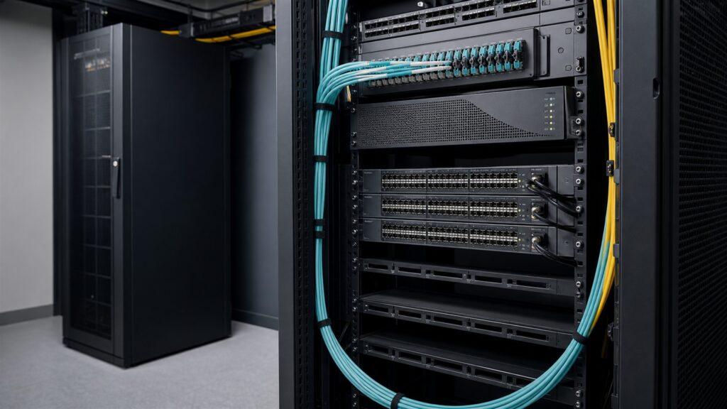 business network closet with unbranded fiber termination enclosure, optical network terminal, firewall, router, patch panel, UPS, and tidy fiber management for a scalability planning buying decision