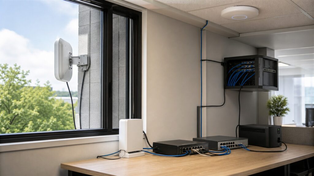 business communications cabinet with unbranded fixed-wireless gateway, external antenna lead, cellular failover router, firewall, UPS, and organized network cabling for a general selection buying decision
