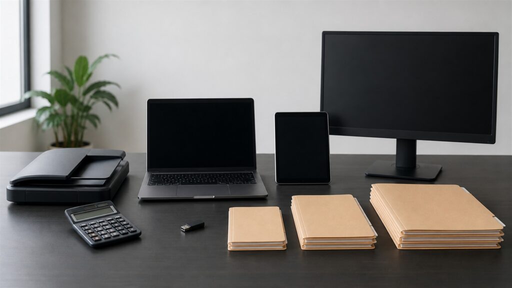 online bookkeeping desk with powered-off laptop and monitor, compact scanner, calculator, blank receipts, plain folders, security key, and tidy remote-work equipment for a business size and complexity buying decision