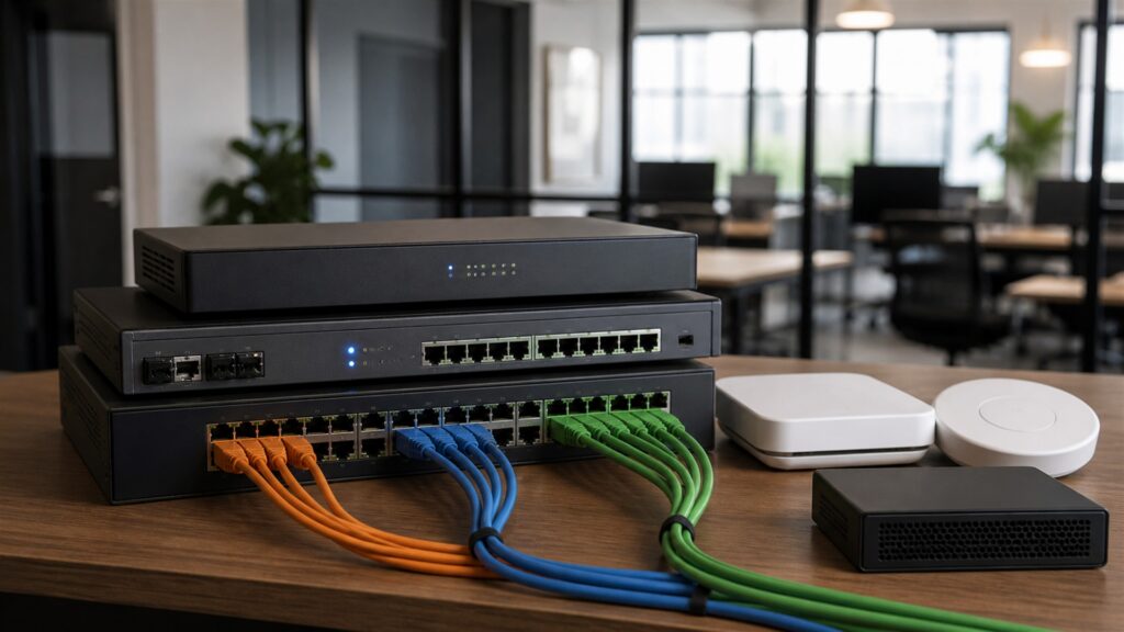 business communications cabinet with unbranded fixed-wireless gateway, external antenna lead, cellular failover router, firewall, UPS, and organized network cabling for a remote and guest access buying decision