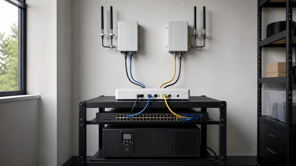 business communications cabinet with unbranded fixed-wireless gateway, external antenna lead, cellular failover router, firewall, UPS, and organized network cabling for a security and uptime buying decision