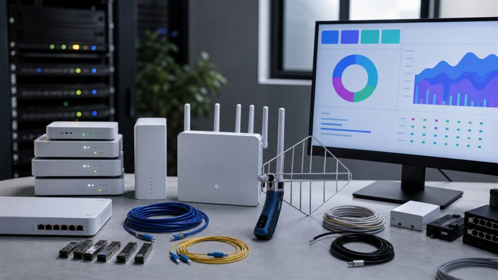 business communications cabinet with unbranded fixed-wireless gateway, external antenna lead, cellular failover router, firewall, UPS, and organized network cabling for a IT operations buying decision