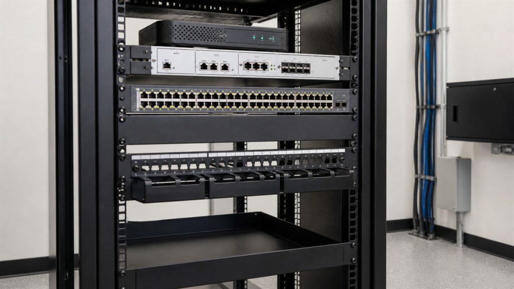 small business network room with a realistic unbranded cable modem, firewall, router, coax demarcation, patch panel, UPS, and neatly managed cables for a scalability planning buying decision