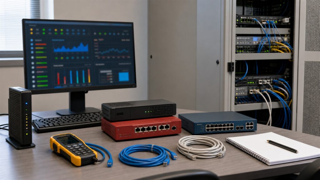 small business network room with a realistic unbranded cable modem, firewall, router, coax demarcation, patch panel, UPS, and neatly managed cables for a IT operations buying decision