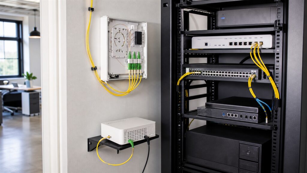 business network closet with unbranded fiber termination enclosure, optical network terminal, firewall, router, patch panel, UPS, and tidy fiber management for a general selection buying decision