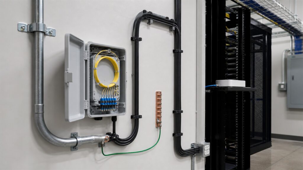 business network closet with unbranded fiber termination enclosure, optical network terminal, firewall, router, patch panel, UPS, and tidy fiber management for a service deployment buying decision