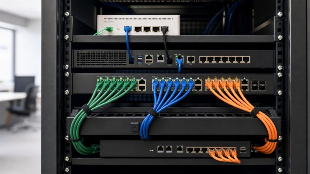 business network closet with unbranded fiber termination enclosure, optical network terminal, firewall, router, patch panel, UPS, and tidy fiber management for a remote and guest access buying decision