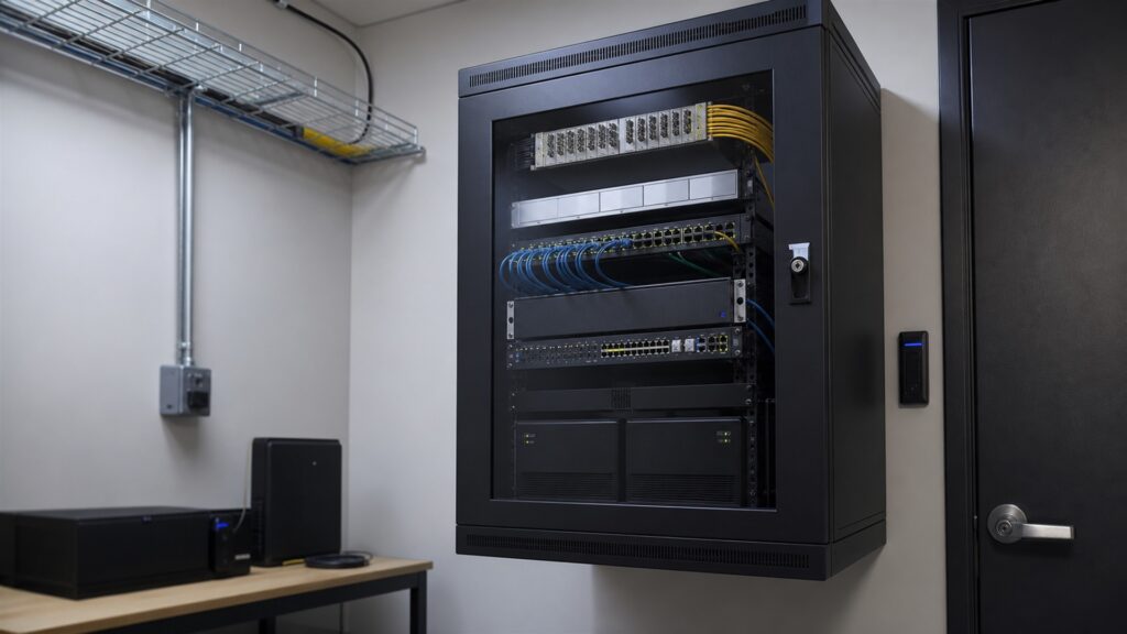 business network closet with unbranded fiber termination enclosure, optical network terminal, firewall, router, patch panel, UPS, and tidy fiber management for a security and uptime buying decision