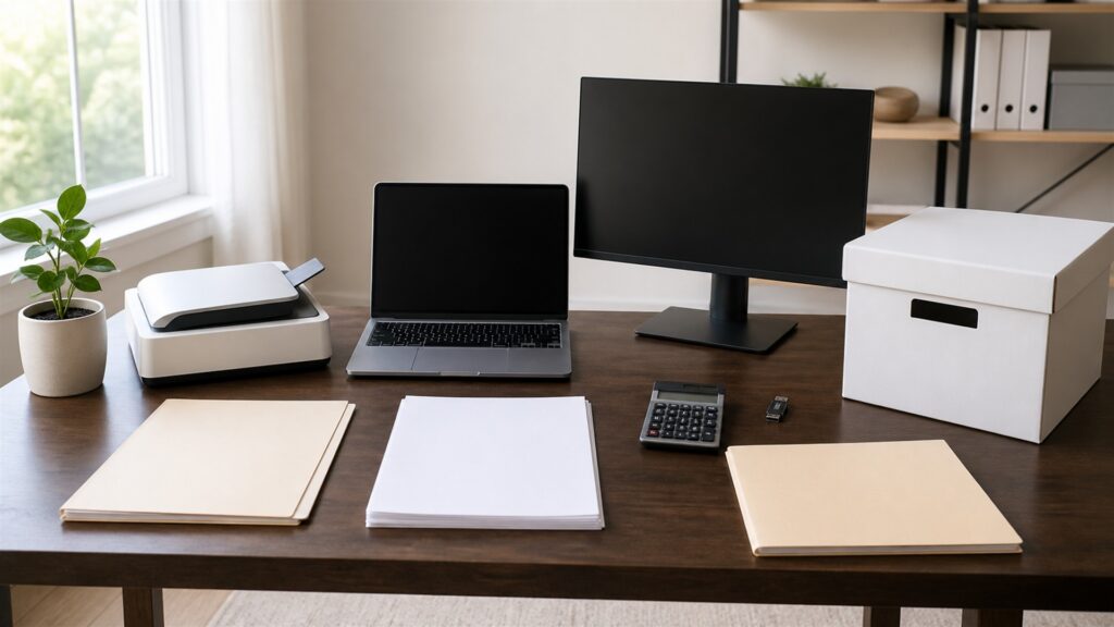 online bookkeeping desk with powered-off laptop and monitor, compact scanner, calculator, blank receipts, plain folders, security key, and tidy remote-work equipment for a tax season preparation buying decision