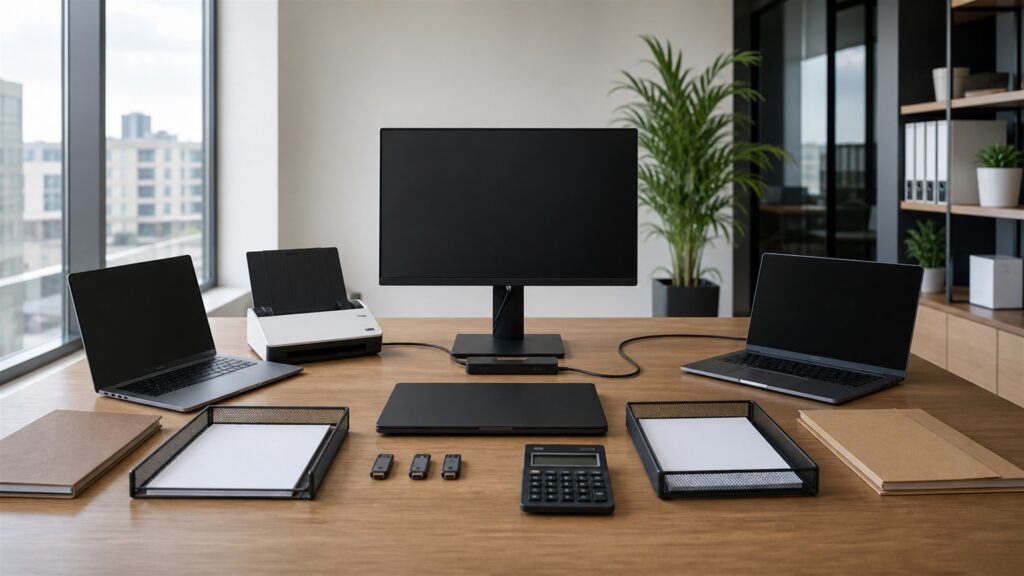 online bookkeeping desk with powered-off laptop and monitor, compact scanner, calculator, blank receipts, plain folders, security key, and tidy remote-work equipment for a multi-user finance teams buying decision