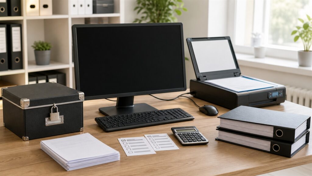 online bookkeeping desk with powered-off laptop and monitor, compact scanner, calculator, blank receipts, plain folders, security key, and tidy remote-work equipment for a payroll integrations buying decision