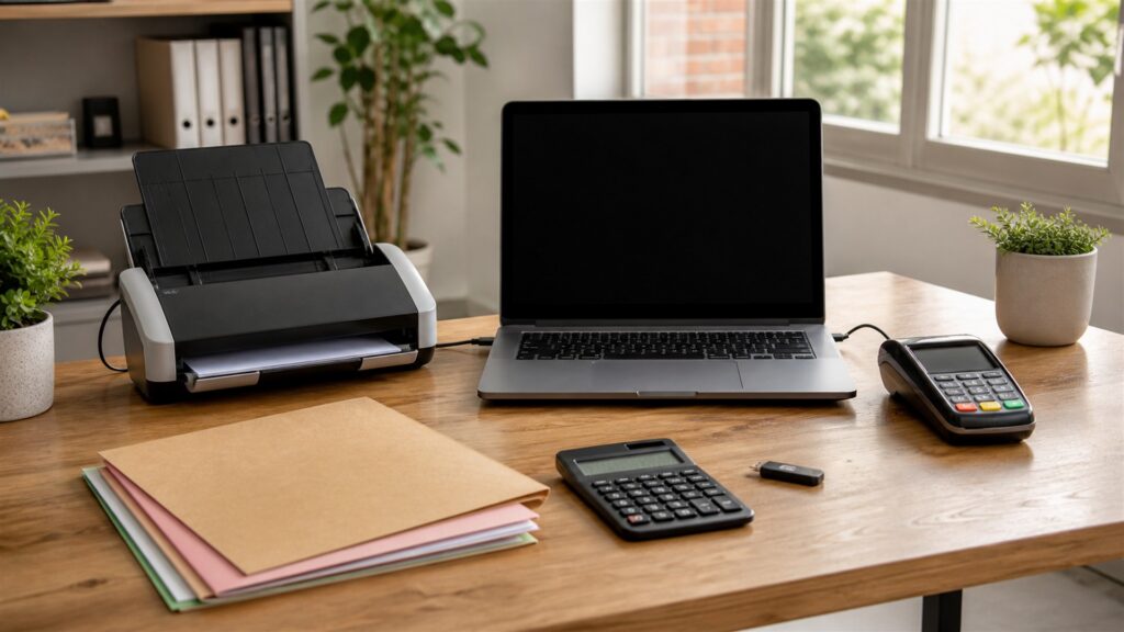 online bookkeeping desk with powered-off laptop and monitor, compact scanner, calculator, blank receipts, plain folders, security key, and tidy remote-work equipment for a compliance reporting buying decision