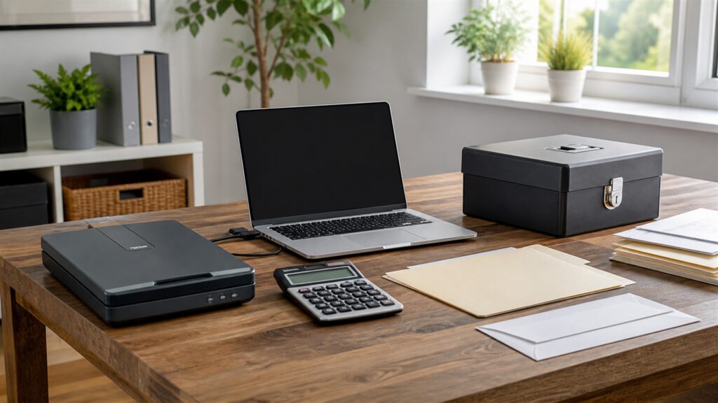 small business bookkeeping desk with powered-off computer, receipt scanner, calculator, plain folders, invoice tray, security key, and tidy ledger materials for a tax season preparation buying decision
